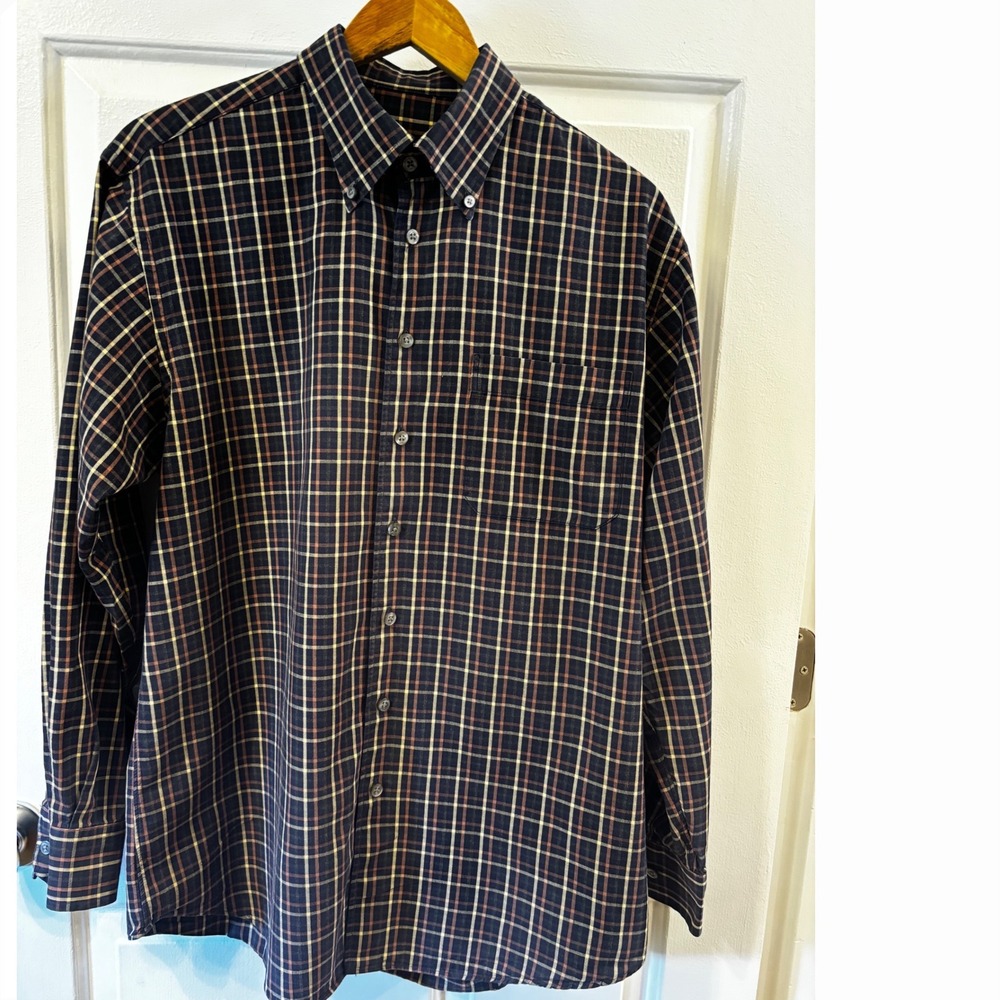 Scott Barber Mens Large Navy Orange Plaid Cotton Button Down Shirt Long Sleeve